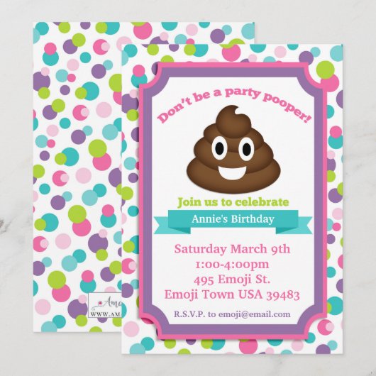 Poop Emoji Girl Verjaardag Uitnodiging (Voorkant / Achterkant)