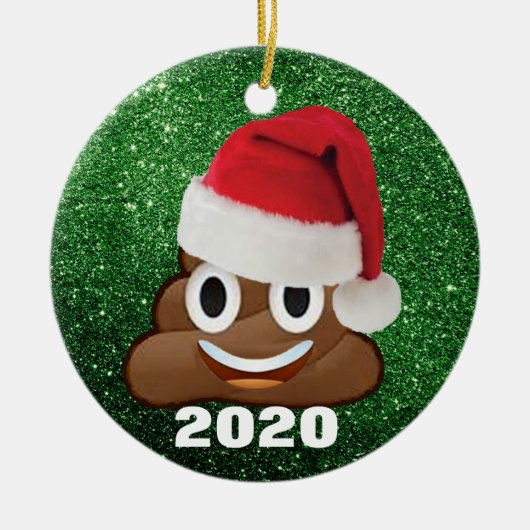 Poop Emoji Santa Hat Green Glitter 2020 Kerstmis Keramisch Ornament (Voorkant)