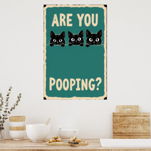 Pooping showing three black cats peeking over poster (Keuken)