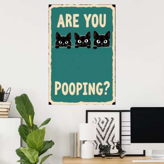 Pooping showing three black cats peeking over  poster (Thuiskantoor)