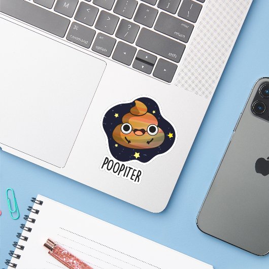 Poopiter Funny Planet Jupiter Pun Sticker (Laptop met iPhone)