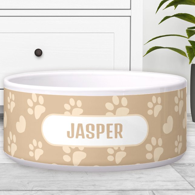 Poot Drukt Hartpatroon Beige Naam Huisdier Hond Voerbakje (Paw Prints Heart Pattern Beige Name Pet Dog Bowl)