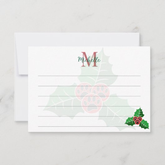 Poot Hulstblaadjes Kerst Aangepaste Monogram Lijne Notitiekaartje (Voorkant)