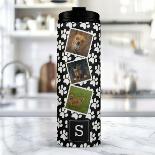 Pootafdruk huisdier fotocollage zwarte monogram thermosbeker