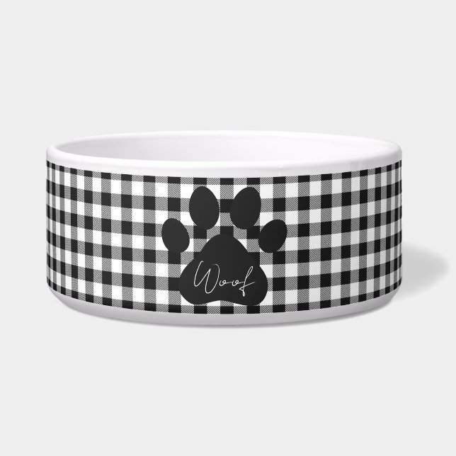 Pootafdruk Zwart Wit WOOF Buffalo Plaid Klassiek Voerbakje (Voorkant)