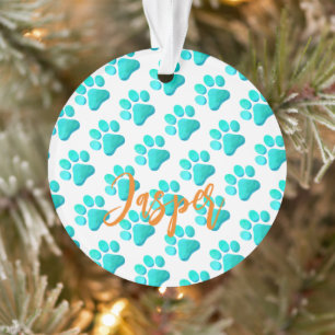Pootafdrukken Aqua Blauwe HUISDIER NAAM Oranje Mod Ornament