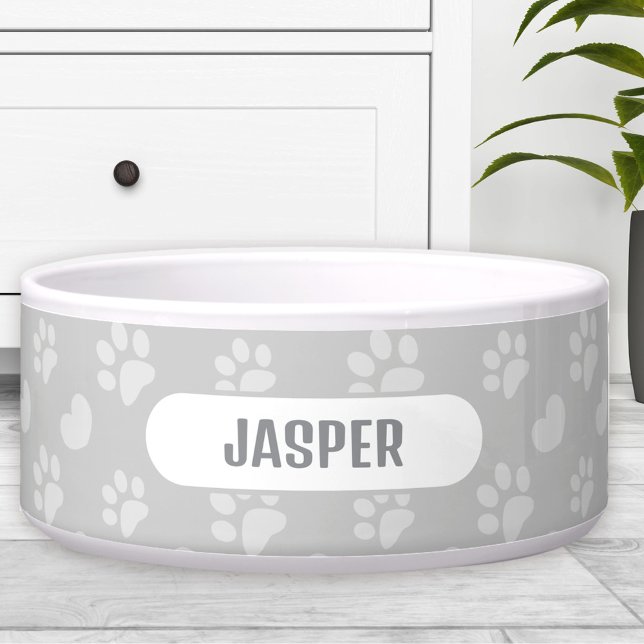 Pootafdrukken Hartpatroon Grijs Naam Huisdier Hond Voerbakje (Paw Prints Heart Pattern Grey Name Pet Dog Bowl)