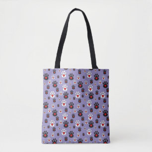 Pootafdrukken met rode harten op blauw tote bag