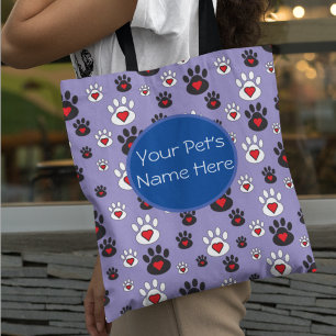 Pootafdrukken met rode harten op blauwe gepersonal tote bag