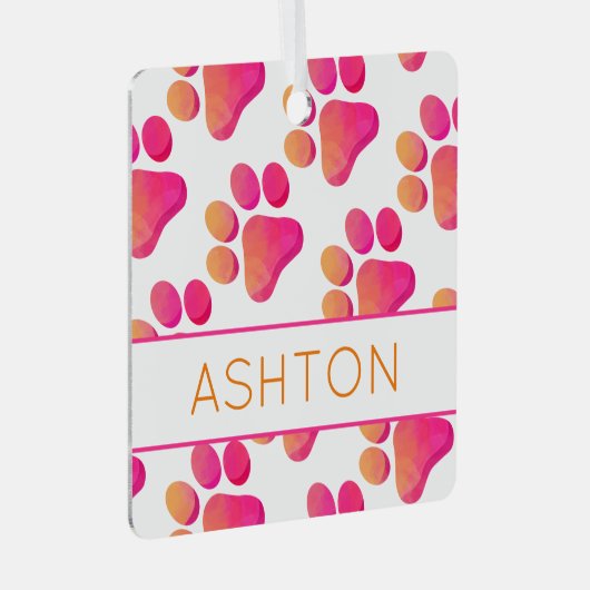 Pootafdrukken Roze Oranje HUISDIERNAAM Hond Kat Le Metalen Ornament (Voorkant Rechts)