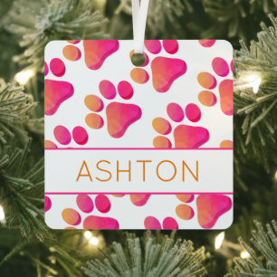 Pootafdrukken Roze Oranje PET NAAM Hond Kat Leuk  Metalen Ornament