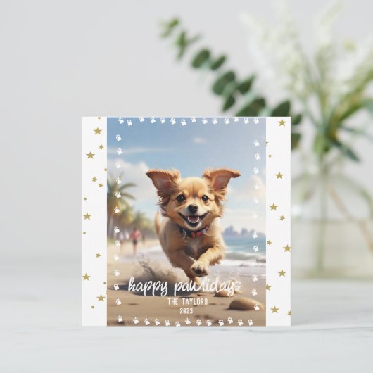 Pootafdrukkenlijstje Aangepaste huisdier foto Feestdagenkaart (Staand voorkant)