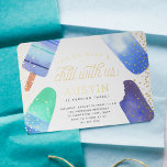 Pop aan over en koel | Populaire kinderen Birthday Folie Uitnodiging<br><div class="desc">Schattige feestuitnodigingen voor de zomerverjaardag van uw kleine zijn voorzien van vier waterverf popsicle illustraties in levendige tinten blauw en groen, met "pop over en koel met ons" in whimsical script. Pas je object aan met de details van je verjaardagsfeestje hieronder. Goudfolieletters en accenten maken dit schattige zomerontwerp extra speciaal!...</div>