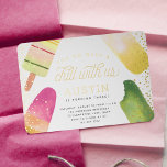 Pop aan over en koel | Populaire kinderen Birthday Folie Uitnodiging<br><div class="desc">Schattige feestuitnodigingen voor de zomerverjaardag van uw kleine zijn voorzien van vier waterverf popsicle illustraties in levendige tinten van roze en kalkgroen, met "pop over en chill met ons" in whimsical script lettering. Pas je object aan met de details van je verjaardagsfeestje hieronder. Goudfolieletters en accenten maken dit schattige zomerontwerp...</div>