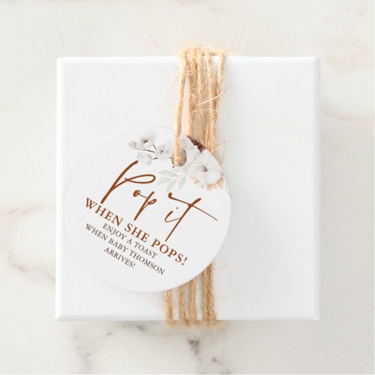 Pop als Shen Poppen Terracotta Boho Baby shower Bedankjes Labels (In situ)