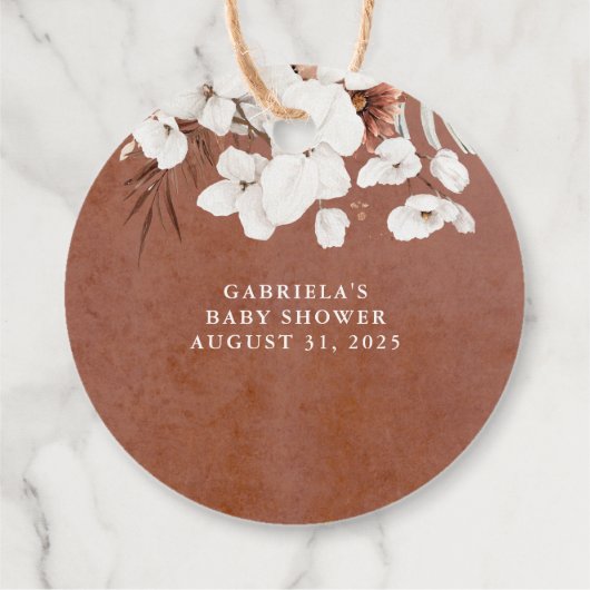 Pop als Shen Poppen Terracotta Boho Baby shower Bedankjes Labels (Achterkant)