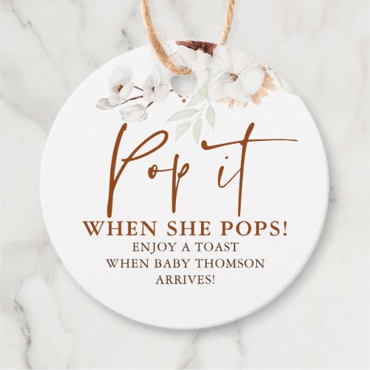 Pop als Shen Poppen Terracotta Boho Baby shower Bedankjes Labels (Voorkant)