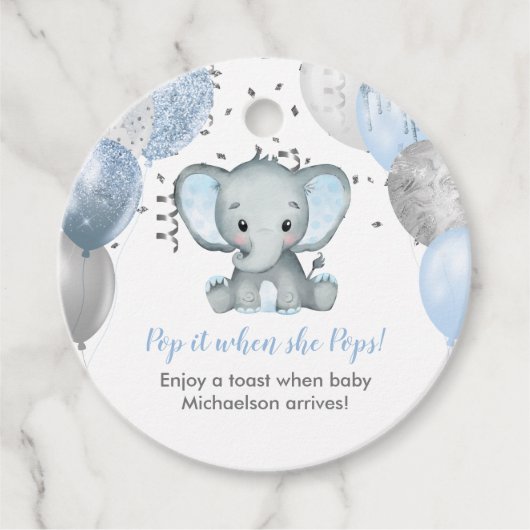 Pop als ze blauw olifant Baby shower Pop Bedankjes Labels (Voorkant)