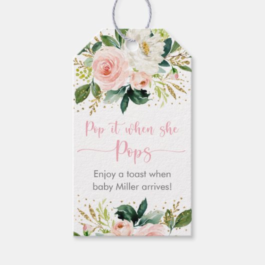 Pop als ze Boho Floral Pink Gold Shower Pop Cadeaulabel (Voorkant)