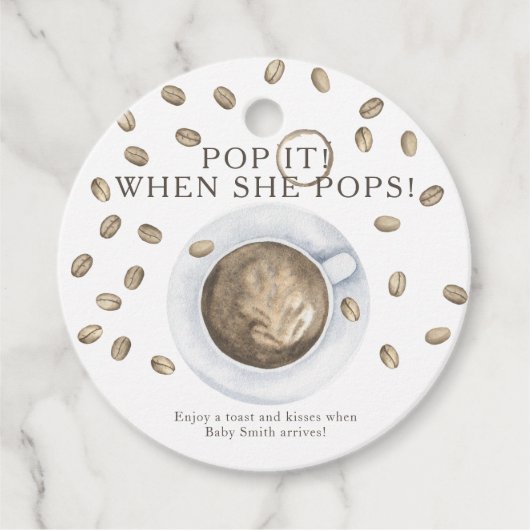 Pop als ze pop heeft! koffie-baby shower bedankjes labels (Voorkant)