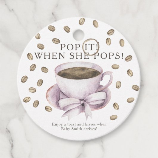 Pop als ze pop heeft! Koffieboog baby shower Bedankjes Labels (Voorkant)