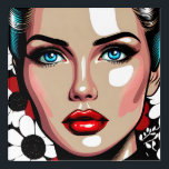 Pop Art AI stripboek Vrouw Gezicht Acryl Muurkunst<br><div class="desc">Comic book stijl pop art vrouw met glasachtig gezicht. Rode,  witte en zwarte bloemenachtergrond.</div>