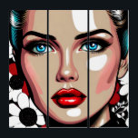 Pop Art AI stripboek Vrouw Gezicht Drieluik<br><div class="desc">Comic book stijl pop art vrouw met glasachtig gezicht. Rode,  witte en zwarte bloemenachtergrond.</div>