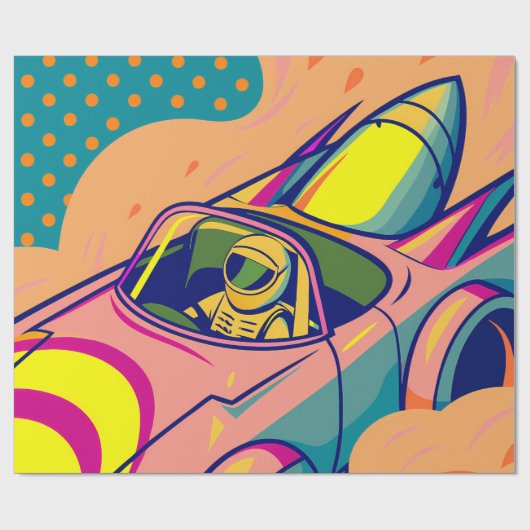 Pop Art Astronaut Driving Rocket Car Cadeaupapier (Vlak)