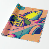 Pop Art Astronaut Driving Rocket Car Cadeaupapier (Uitgerold)