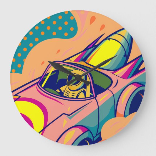 Pop Art Astronaut Driving Rocket Car Grote Klok (Voorkant)