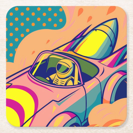 Pop Art Astronaut Driving Rocket Car Kartonnen Onderzetters (Voorkant)