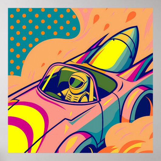 Pop Art Astronaut Driving Rocket Car Poster (Voorkant)
