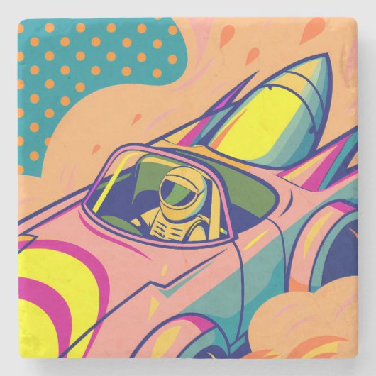 Pop Art Astronaut Driving Rocket Car Stenen Onderzetter (Voorkant)