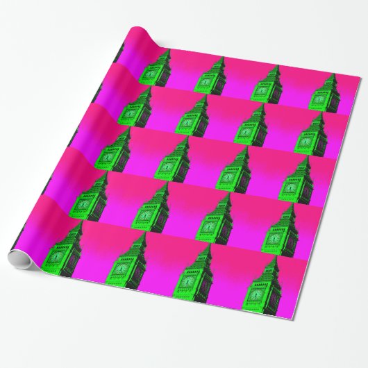 Pop Art Big Ben London Travel Pink Green Cadeaupapier (Uitgerold)