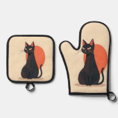 Pop Art Black Cat with Orange Sun Ovenwant & Pannenlap Set (Voorkant)
