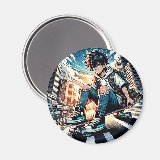 Pop Art Boy op skateboard in de stad Magneet (Voorkant / Achterkant)