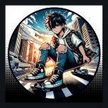 Pop Art Boy op skateboard in de stad Poster<br><div class="desc">Een anime jongen rijden op zijn skateboard rijden in een straat in de stad met gescheurde jeans en een stedelijke achtergrond stripverhaal stijl kunst.</div>