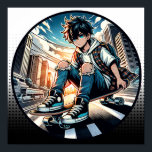 Pop Art Boy op skateboard in de stad Poster<br><div class="desc">Een anime jongen rijden op zijn skateboard rijden in een straat in de stad met gescheurde jeans en een stedelijke achtergrond stripverhaal stijl kunst.</div>