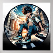Pop Art Boy op skateboard in de stad Poster (Voorkant)
