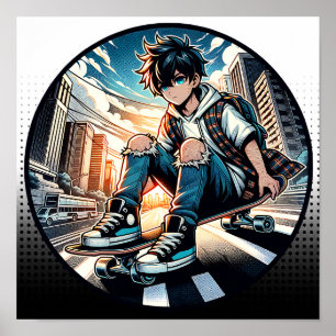 Pop Art Boy op skateboard in de stad Poster