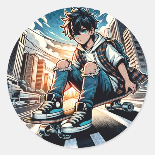 Pop Art Boy op skateboard in de stad Ronde Sticker (Voorkant)