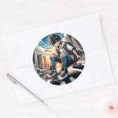 Pop Art Boy op skateboard in de stad Ronde Sticker (Envelop)