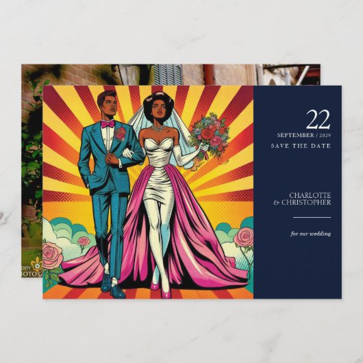 Pop Art Bride & Groom Save The Date (Voorkant / Achterkant)