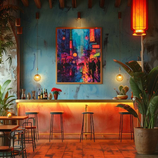 Pop Art: Calle de la Ciudad Nocturna Foto Afdruk