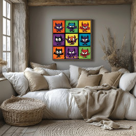 Pop Art Cartoon Bat Grid Halloween Wall Art Poster