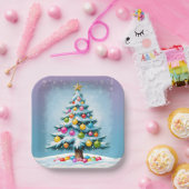 Pop Art Cartoon Kerstboom Kleurrijke Ornamenten Papieren Bordje (Feest)