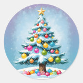 Pop Art Cartoon Kerstboom Kleurrijke Ornamenten Ronde Sticker (Voorkant)