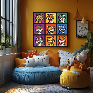 Pop Art Cartoon Tiger Grid Fun Wall Art Poster