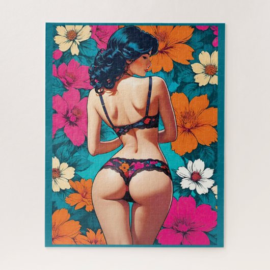 Pop Art Cheeky Girl in Bloemen Lingerie Blauwgroen Legpuzzel (Verticaal)