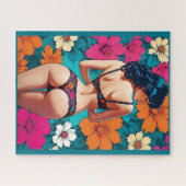 Pop Art Cheeky Girl in Bloemen Lingerie Blauwgroen Legpuzzel (Horizontaal)